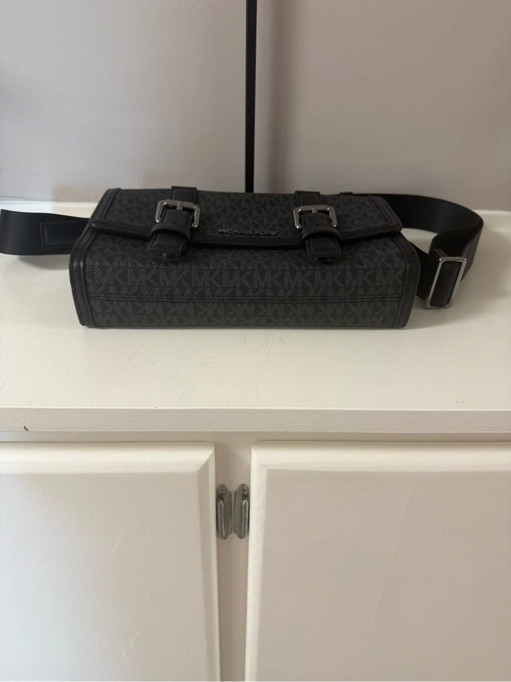 NWOT! Michael Kors Men’s Black Logo-Print Messenger Bag with Buckle Straps